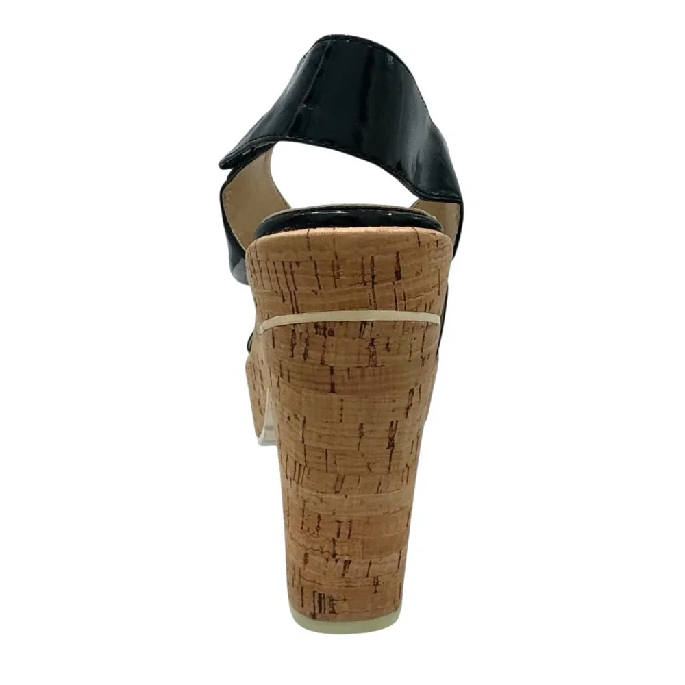 CALVIN KLEIN TAMRA BLACK PATENT & CORK PLATFORM HEELED SANDALS